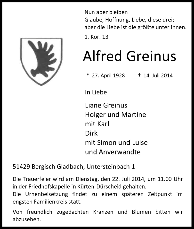  Traueranzeige für Alfred Greinus vom 18.07.2014 aus Kölner Stadt-Anzeiger / Kölnische Rundschau / Express