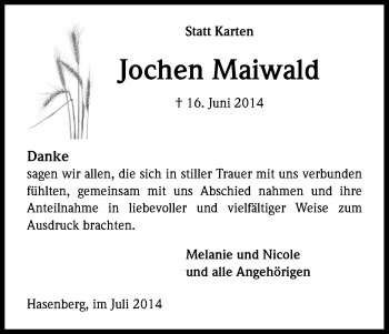 Anzeige von Jochen Maiwald von Kölner Stadt-Anzeiger / Kölnische Rundschau / Express