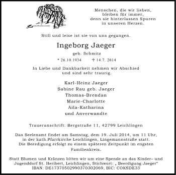 Anzeige von Ingeborg Jaeger von Kölner Stadt-Anzeiger / Kölnische Rundschau / Express