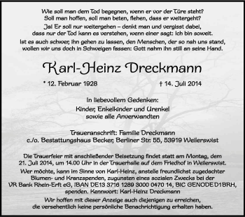 Anzeige von Karl-Heinz Dreckmann von Kölner Stadt-Anzeiger / Kölnische Rundschau / Express