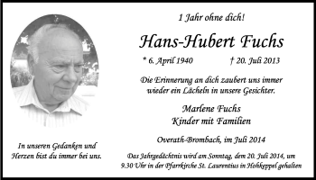 Anzeige von Hans-Hubert Fuchs von Kölner Stadt-Anzeiger / Kölnische Rundschau / Express