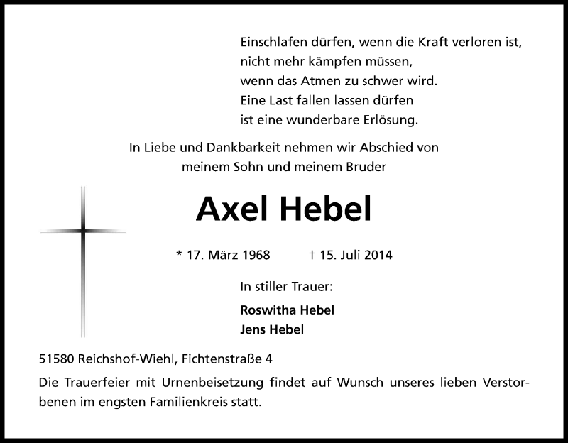  Traueranzeige für Axel Hebel vom 17.07.2014 aus Kölner Stadt-Anzeiger / Kölnische Rundschau / Express