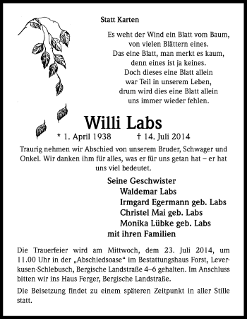 Anzeige von Willi Labs von Kölner Stadt-Anzeiger / Kölnische Rundschau / Express