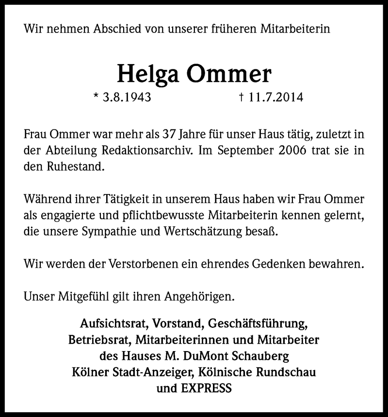  Traueranzeige für Helga Ommer vom 19.07.2014 aus Kölner Stadt-Anzeiger / Kölnische Rundschau / Express