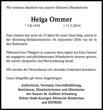 Anzeige von Helga Ommer von Kölner Stadt-Anzeiger / Kölnische Rundschau / Express