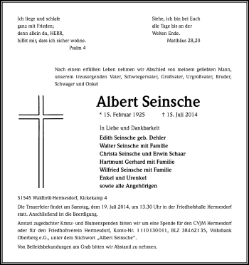 Anzeige von Albert Seinsche von Kölner Stadt-Anzeiger / Kölnische Rundschau / Express