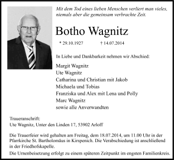 Anzeige von Botho Wagnitz von Kölner Stadt-Anzeiger / Kölnische Rundschau / Express