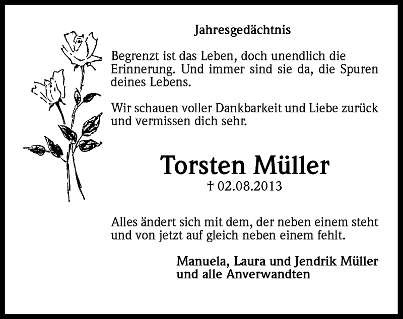  Traueranzeige für Torsten Müller vom 02.08.2014 aus Kölner Stadt-Anzeiger / Kölnische Rundschau / Express