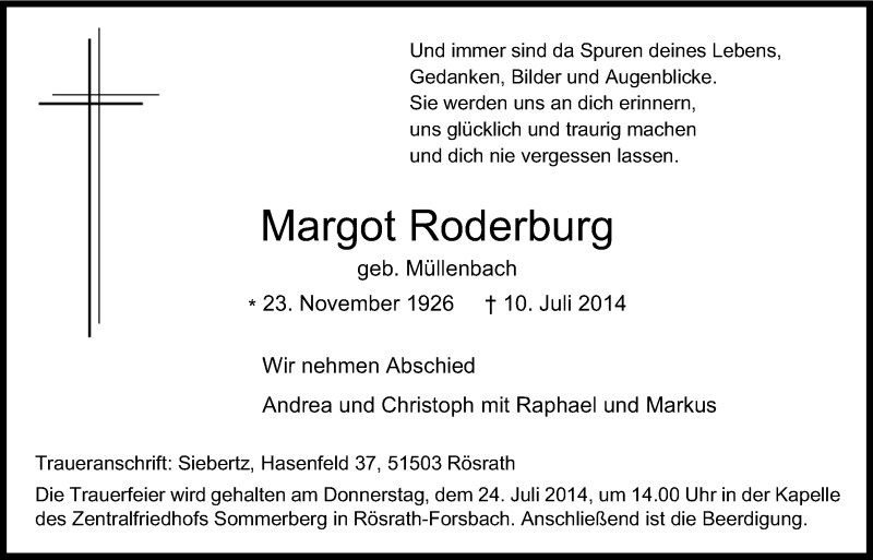  Traueranzeige für Margot Roderburg vom 19.07.2014 aus Kölner Stadt-Anzeiger / Kölnische Rundschau / Express