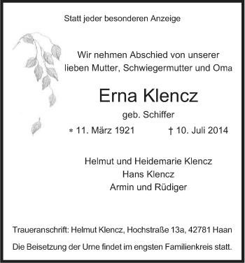 Anzeige von Erna Klencz von Kölner Stadt-Anzeiger / Kölnische Rundschau / Express