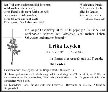Anzeige von Erika Leyden von Kölner Stadt-Anzeiger / Kölnische Rundschau / Express