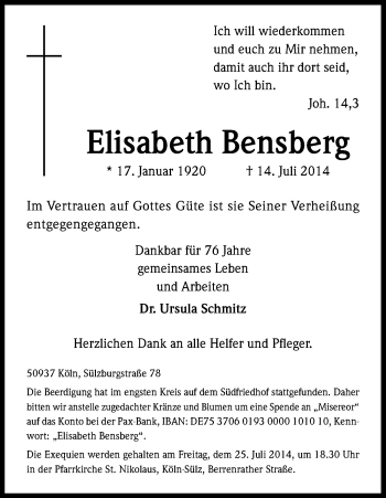 Anzeige von Elisabeth Bensberg von Kölner Stadt-Anzeiger / Kölnische Rundschau / Express