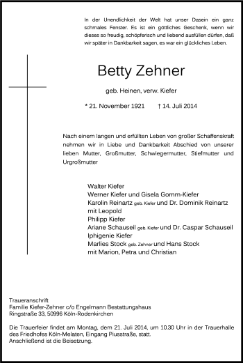 Anzeige von Betty Zehner von Kölner Stadt-Anzeiger / Kölnische Rundschau / Express