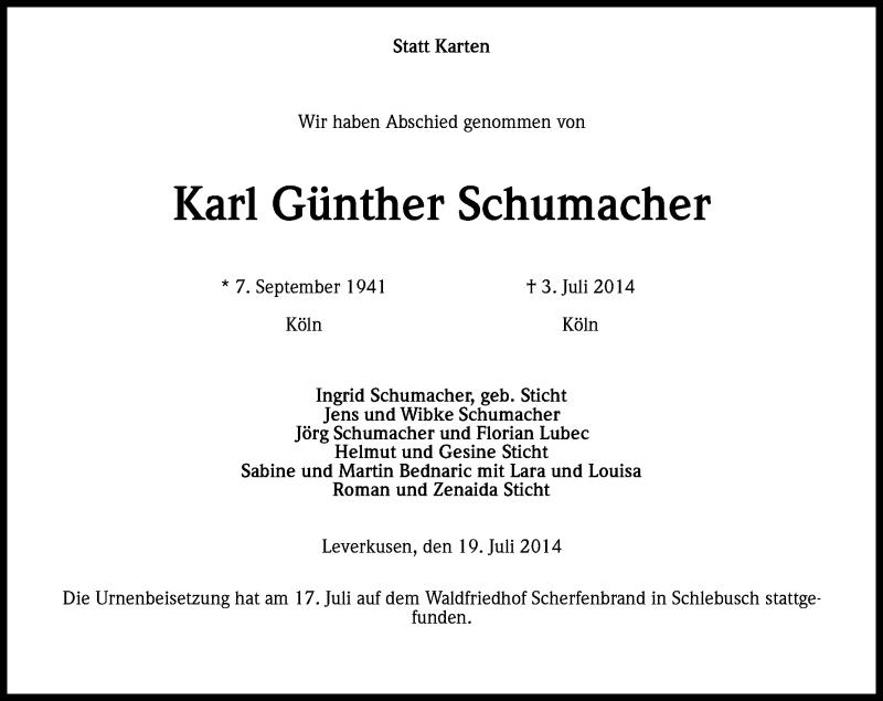  Traueranzeige für Karl Günther Schumacher vom 19.07.2014 aus Kölner Stadt-Anzeiger / Kölnische Rundschau / Express