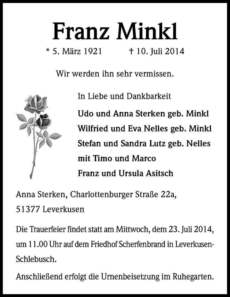  Traueranzeige für Franz Minkl vom 19.07.2014 aus Kölner Stadt-Anzeiger / Kölnische Rundschau / Express