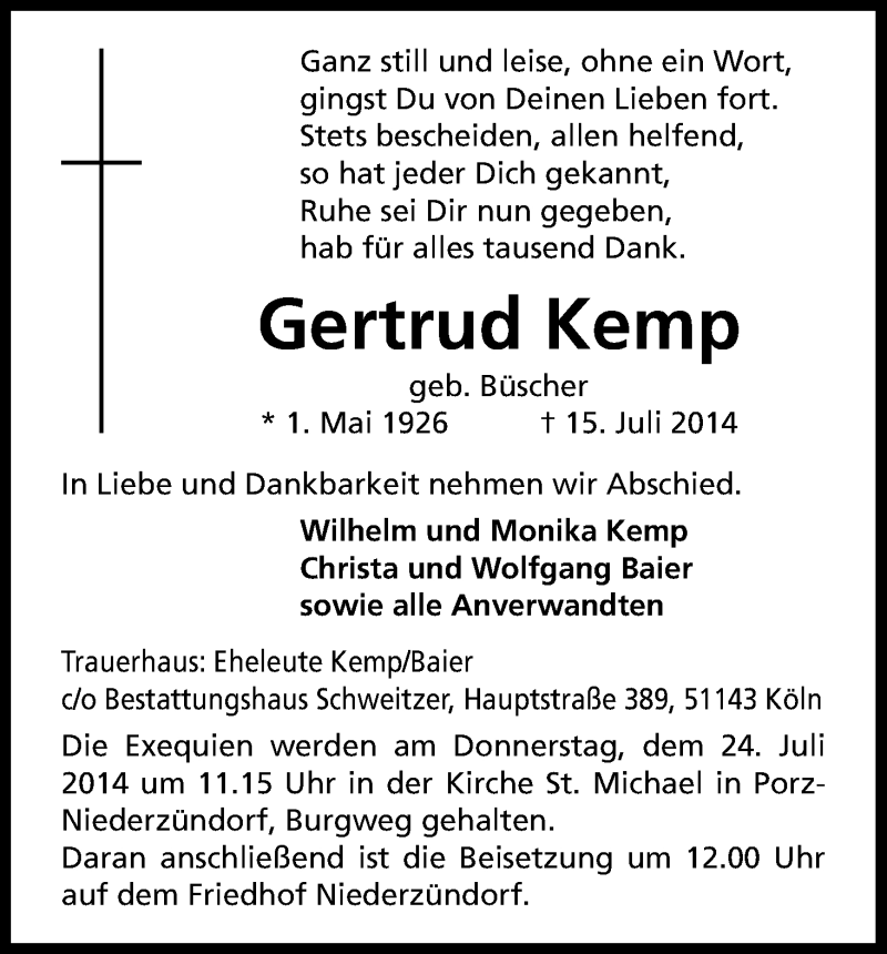  Traueranzeige für Gertrud Kemp vom 19.07.2014 aus Kölner Stadt-Anzeiger / Kölnische Rundschau / Express