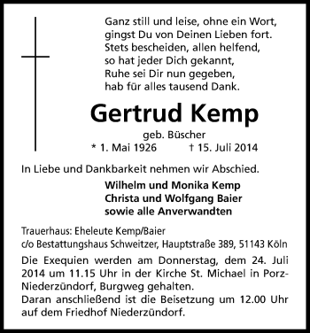 Anzeige von Gertrud Kemp von Kölner Stadt-Anzeiger / Kölnische Rundschau / Express