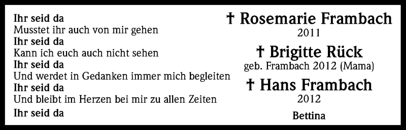  Traueranzeige für Rosemarie Frambach vom 19.07.2014 aus Kölner Stadt-Anzeiger / Kölnische Rundschau / Express