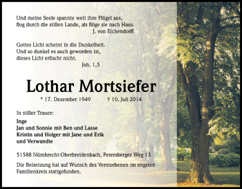 Anzeige von Lothar Mortsiefer von Kölner Stadt-Anzeiger / Kölnische Rundschau / Express