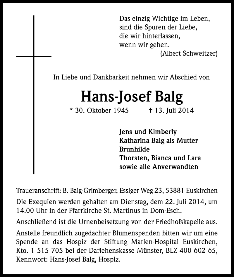  Traueranzeige für Hans-Josef Balg vom 19.07.2014 aus Kölner Stadt-Anzeiger / Kölnische Rundschau / Express