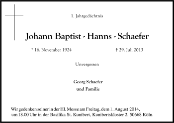 Anzeige von Johann Baptist  Schaefer von Kölner Stadt-Anzeiger / Kölnische Rundschau / Express