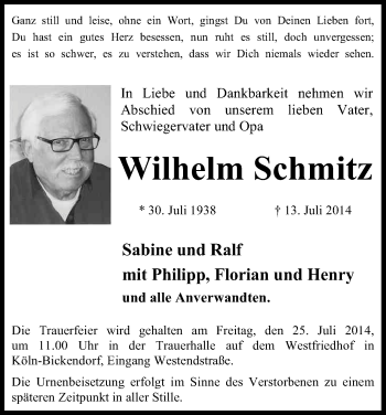 Anzeige von Wilhelm Schmitz von Kölner Stadt-Anzeiger / Kölnische Rundschau / Express