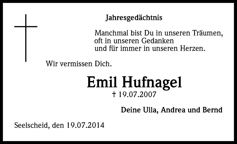  Traueranzeige für Emil Hufnagel vom 19.07.2014 aus Kölner Stadt-Anzeiger / Kölnische Rundschau / Express
