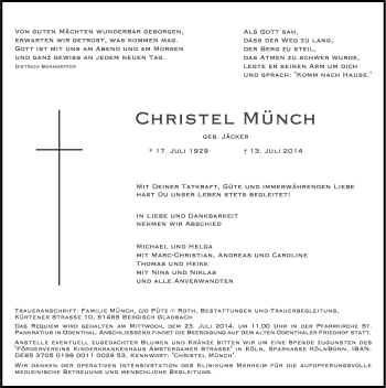 Anzeige von Christel Münch von Kölner Stadt-Anzeiger / Kölnische Rundschau / Express