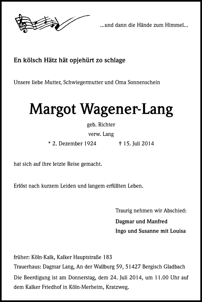  Traueranzeige für Margot Wagener-Lang vom 19.07.2014 aus Kölner Stadt-Anzeiger / Kölnische Rundschau / Express