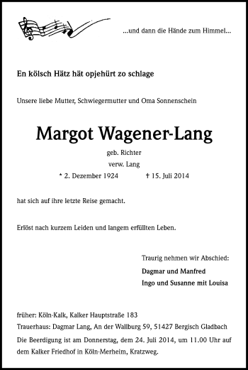 Anzeige von Margot Wagener-Lang von Kölner Stadt-Anzeiger / Kölnische Rundschau / Express