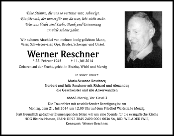 Anzeige von Werner Reschner von Kölner Stadt-Anzeiger / Kölnische Rundschau / Express
