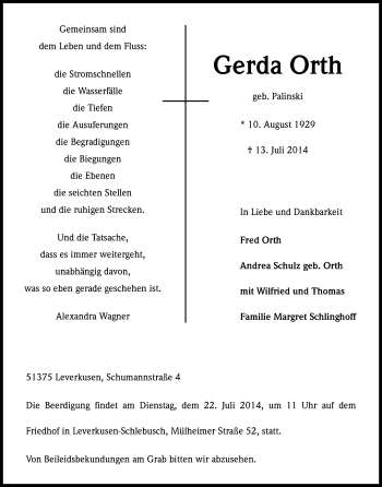 Anzeige von Gerda Orth von Kölner Stadt-Anzeiger / Kölnische Rundschau / Express