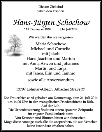Anzeige von Hans-Jürgen Schochow von Kölner Stadt-Anzeiger / Kölnische Rundschau / Express