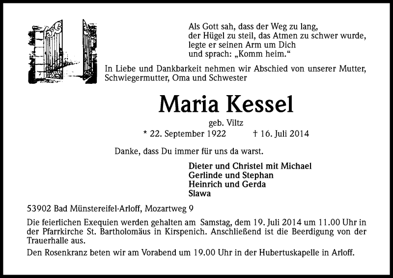  Traueranzeige für Maria Kessel vom 18.07.2014 aus Kölner Stadt-Anzeiger / Kölnische Rundschau / Express