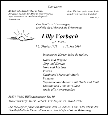 Anzeige von Lilly Vorbach von Kölner Stadt-Anzeiger / Kölnische Rundschau / Express