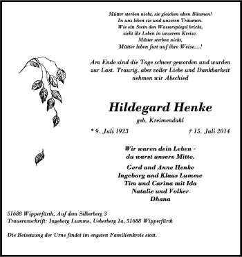Anzeige von Hildegard Henke von Kölner Stadt-Anzeiger / Kölnische Rundschau / Express