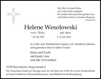 Anzeige von Helene Wesolowski von Kölner Stadt-Anzeiger / Kölnische Rundschau / Express