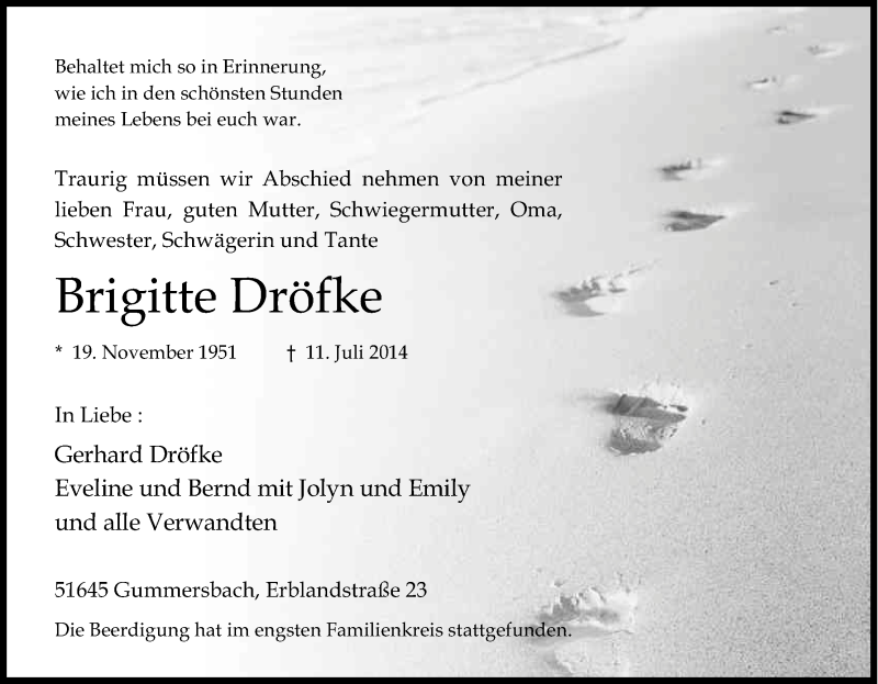  Traueranzeige für Brigitte Dröfke vom 18.07.2014 aus Kölner Stadt-Anzeiger / Kölnische Rundschau / Express