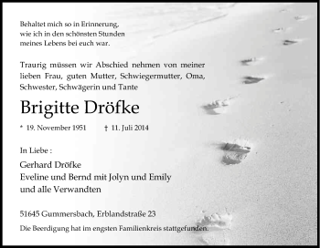 Anzeige von Brigitte Dröfke von Kölner Stadt-Anzeiger / Kölnische Rundschau / Express