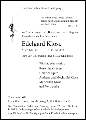 Anzeige von Edelgard Klose von Kölner Stadt-Anzeiger / Kölnische Rundschau / Express
