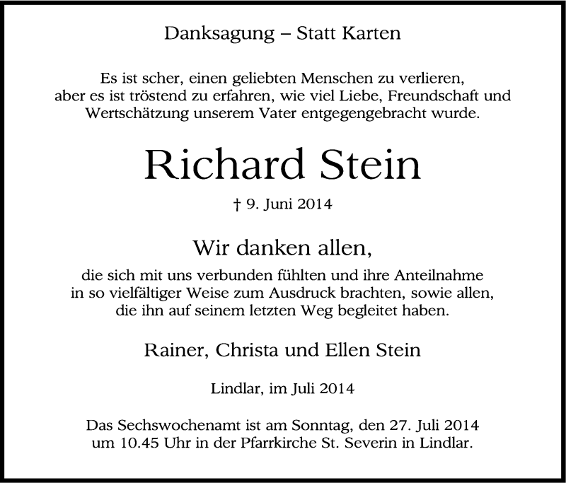  Traueranzeige für Richard Stein vom 19.07.2014 aus Kölner Stadt-Anzeiger / Kölnische Rundschau / Express