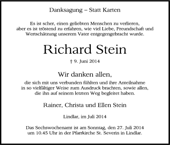 Anzeige von Richard Stein von Kölner Stadt-Anzeiger / Kölnische Rundschau / Express