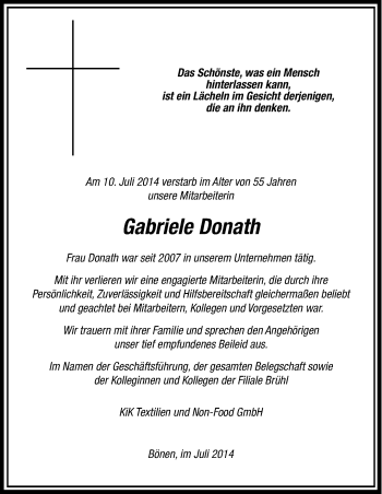 Anzeige von Gabriele Donath von Kölner Stadt-Anzeiger / Kölnische Rundschau / Express