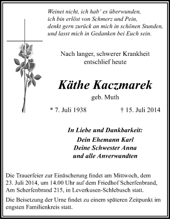 Anzeige von Käthe Kaczmarek von Kölner Stadt-Anzeiger / Kölnische Rundschau / Express
