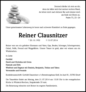 Anzeige von Reiner Clausnitzer von Kölner Stadt-Anzeiger / Kölnische Rundschau / Express