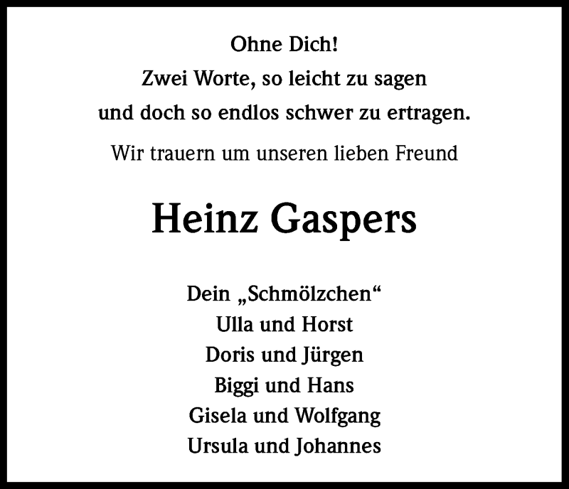  Traueranzeige für Heinz Gaspers vom 19.07.2014 aus Kölner Stadt-Anzeiger / Kölnische Rundschau / Express