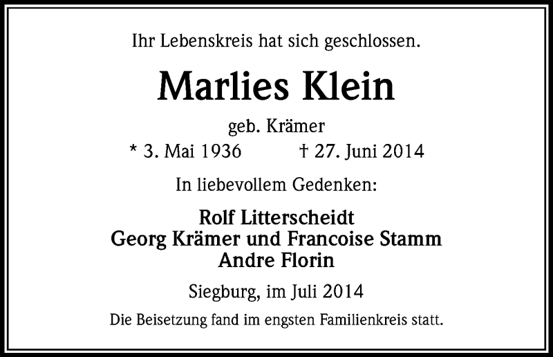  Traueranzeige für Marlies Klein vom 19.07.2014 aus Kölner Stadt-Anzeiger / Kölnische Rundschau / Express