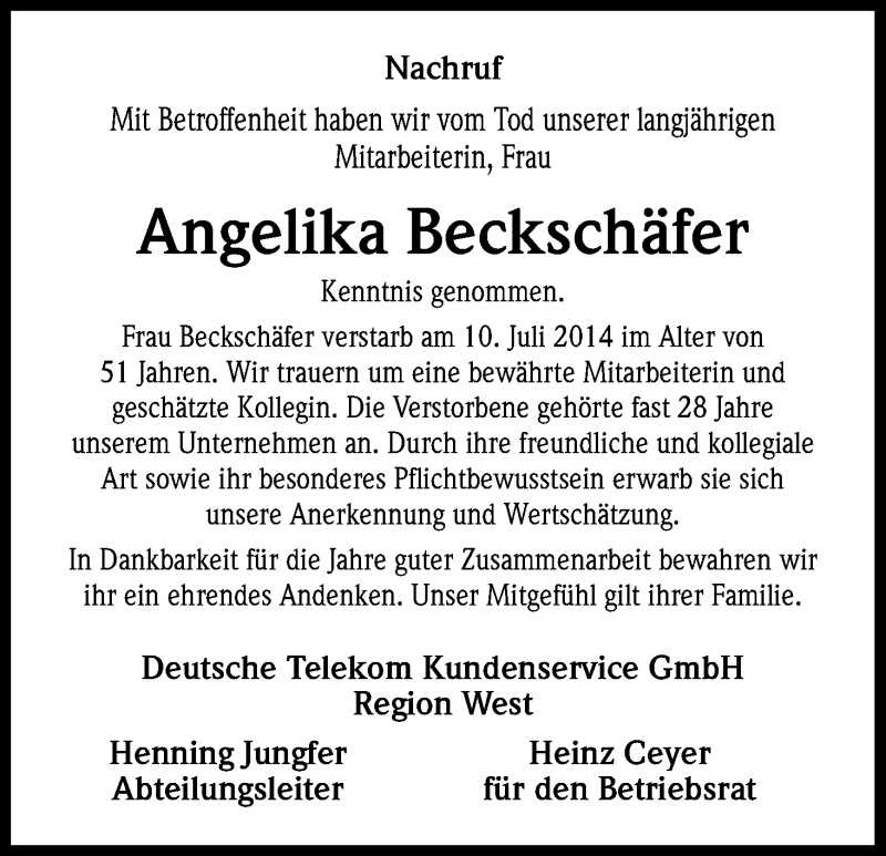  Traueranzeige für Angelika Beckschäfer vom 24.07.2014 aus Kölner Stadt-Anzeiger / Kölnische Rundschau / Express