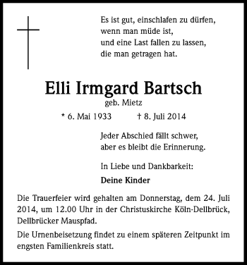 Anzeige von Elli Irmgard Bartsch von Kölner Stadt-Anzeiger / Kölnische Rundschau / Express