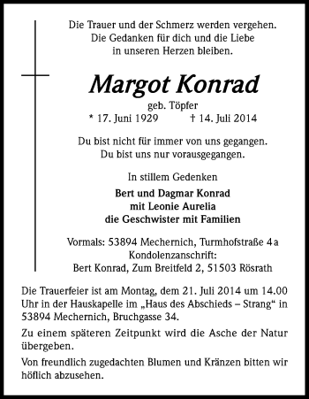 Anzeige von Margot Konrad von Kölner Stadt-Anzeiger / Kölnische Rundschau / Express